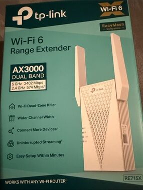 TP-Link AX3000 Wi‑Fi 6 Dual Band Range Extender — White and Teal Packaging